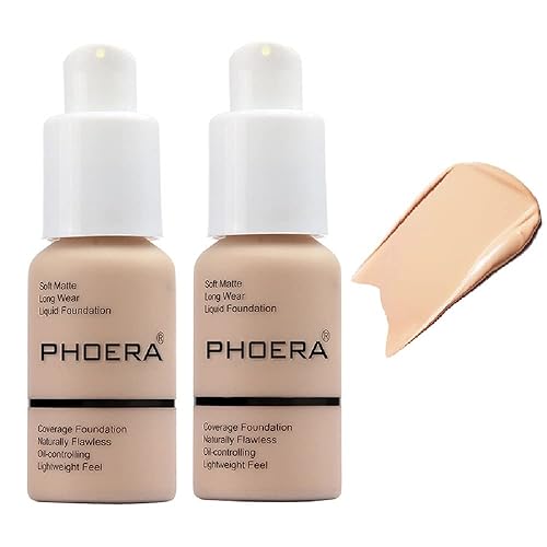 PHOERA - Juego de 2 bases líquidas, base líquida mate suave y impecable de 24 horas con control de aceite, base de maquillaje de cobertura completa