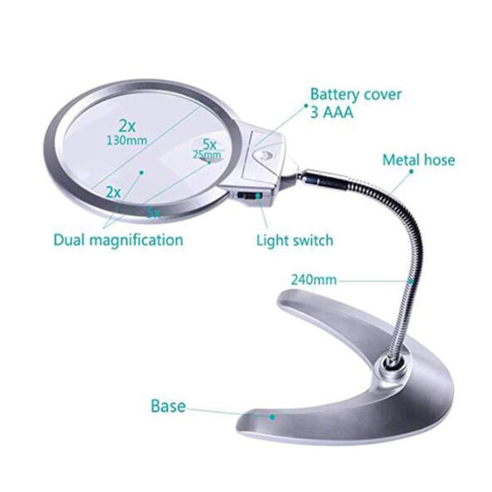 Lupa Grande 2X 5X con luz LED y Soporte - Diseño Plegable con 2 lámparas LED y Lente Jumbo de 5,5 Ih - La Mejor Lupa Manos Libres con luz,