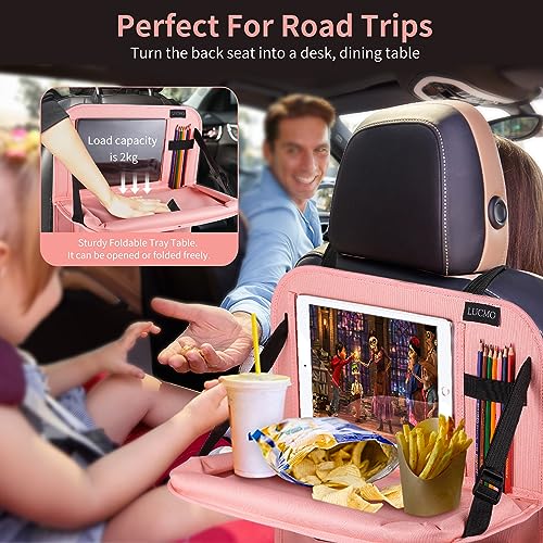 Image of LUCMO Car Backseat Organizer with Foldable Tablet Holder, Pink | 2 Pcs,6 Storage Pockets,Foldable Food Tray,Protectors Kick Mats,Travel Accessories,Seat Cover,Road Trip Essentials