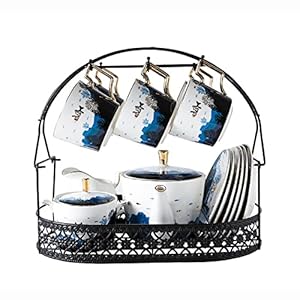 Tea Set for Adults Modern 15 Piece Ceramic Tea Sets Coffee Cup and Saucer Set with Metal Holder for Gift and Household Office Wedding