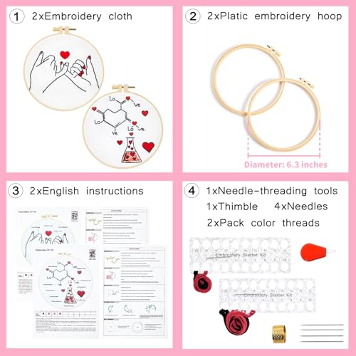Image of Valentine's Day Embroidery Kits for Beginners Adults, Romance Love Heart Embroidery Needlepoint Kits, Hand Stamped Cross Stitch Kits for Beginners Adults, 2 Embroidery Hoops (Attached Video Tutorial)