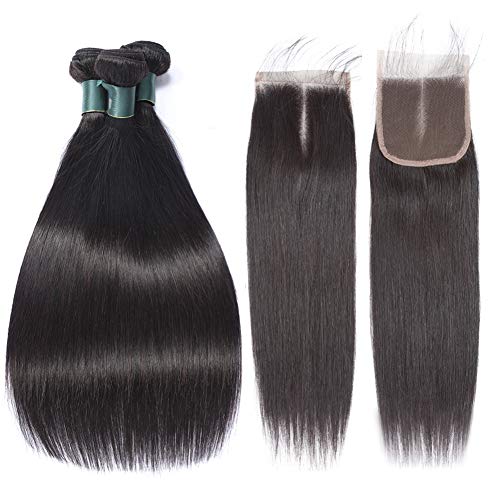 Great Grace Straight Brazilian Bundles with Closure 8A Virgin Human Hair Bundles with Middle Part Lace Closure 100% Unprocessed Brazilian Straight Hair with Closure Best Hair 20 22 24+18
