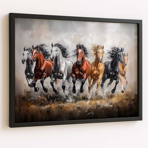 Image of HOTHOUSE Seven Running Vastu Lucky Horse Painting | 7 Horses Vastu Frame Wall Art Painting for Living Room Bedroom Office Home Decor Wall Decor Size (19X25 inch)