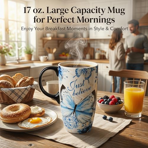 Taza de cerámica azul con mariposas 17oz con tapa miniatura 6