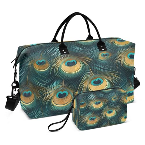 Beautiful Peacock Feather Green Travel Duffle Bag Gym Bag Weekender Bags with Toiletry Bag Travel Trip Tote Bag