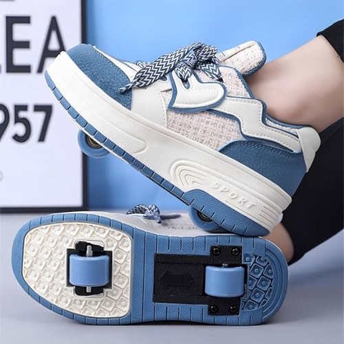 Surwin Kids Roller Skate Shoes for Girl Boy, Classic Lace-up Trainer Roller Skates Adult Teenager Fashion Unisex with Retractable Rear Wheels, Lightweight Outdoor Running Sneakers (Blue,4)