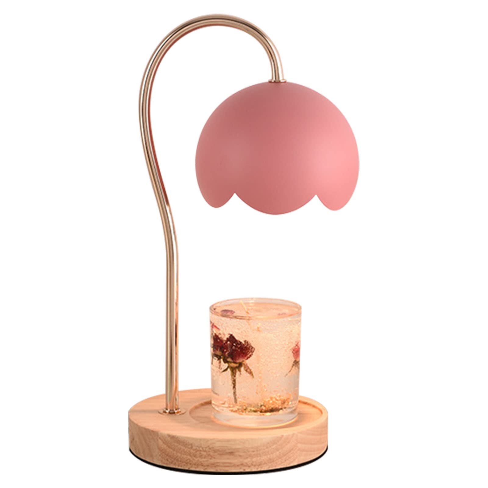 ViaGasaFamido Lampe Chauffe-bougie Parfumée Nordic Rose Parfumée Cire Fondante Lanterne Chauffe-bougie Réglable en Métal à intensité Variable avec Base en Bois pour Chevet de Chambre (Rose)