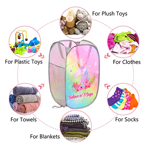 Basumee Kids Laundry Hamper Collapsible Laundry Baskets Pop Up Hamper Mesh Dirty Clothes Laundry Basket Foldable Hampers With Side Pocket For Nursery Room, Rainbow Unicorn #TOP4