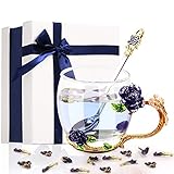 DEVIS Taza de té de cristal de 330 ml, taza de café con cuchara de acero personalizada, diseño de rosas en 3D, regalo para mujeres, Navidad, Día de la Madre, Día de San Valentín (azul)