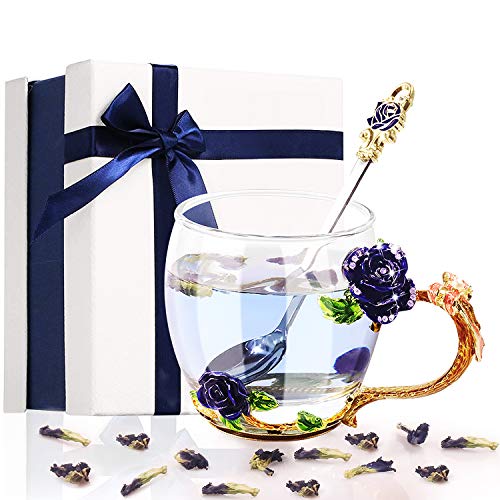 Glass Tea Cup , Flower Enamel Tea Cup With Spoon Set, Handmade Coffee Cute Mug, Red Rose Design Creative Gift For Women ,Best Gift For Festival Birthday Wedding