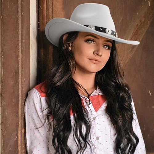 Image of DRESHOW Women Men Classic Felt Wide Brim Western Cowboy & Cowgirl Cap Belt Buckle Retro Panama Hat Unisex Rolled up Caps