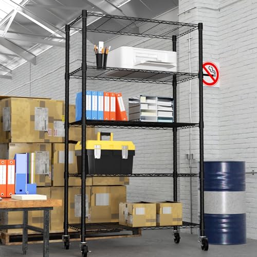 SINGAYE 5-Shelf Adjustable, Heavy Duty Storage Shelving Unit on Wheels, Steel Organizer Wire Rack, 30\" W x 14\" D x 70\" H,Black