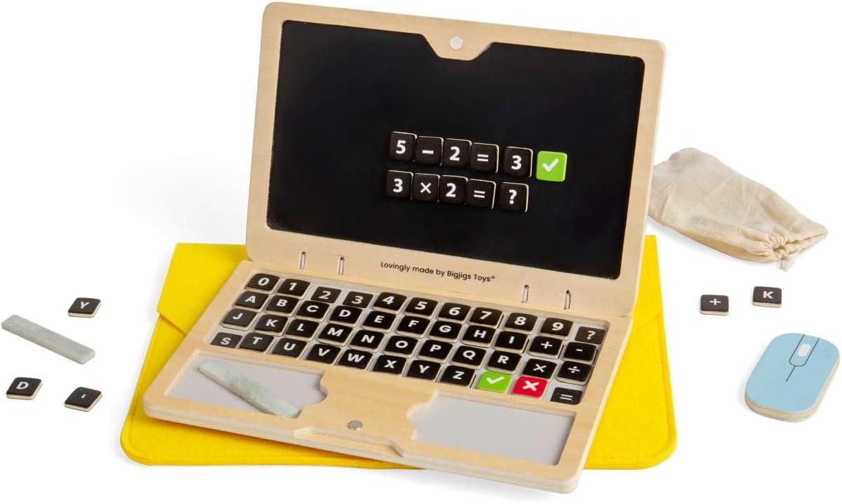 Bigjigs Toys Tech Set - 95 Pcs Wooden Laptop Toys with Chalkboard Screen, Fantasy Play Sets and Accessories for Toddlers and Kids, Kindergarten, Early Learning Activity, Kids Gifts