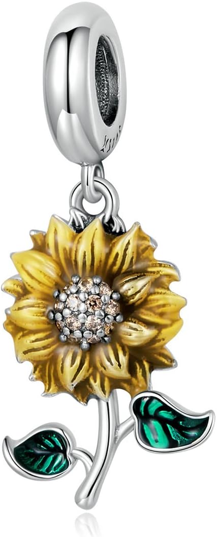 LAMOONYSunflower Charm 925 Sterling Silver Flower Charm Rose Charm Love Charm Birthday Charm Dangle Charm for Pandora Charm Bracelet