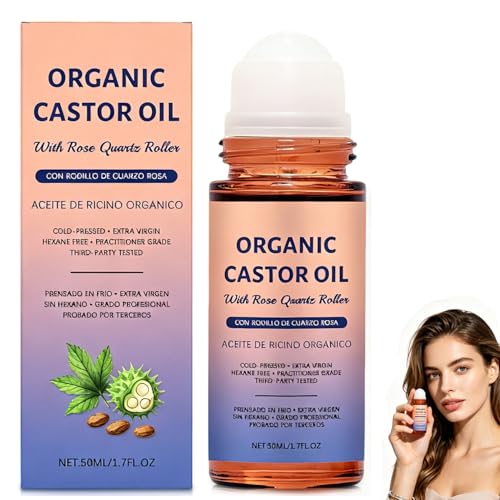 Organic Castor Oil Rose Quartz Roller Ball 100% Pure Cold-Pressed Organic Castor Oil Roll On with Rose Quartz Roller Castor Oil for Skin Hexane-Free Deep Moisturizing Nourishing Skin & Hair
