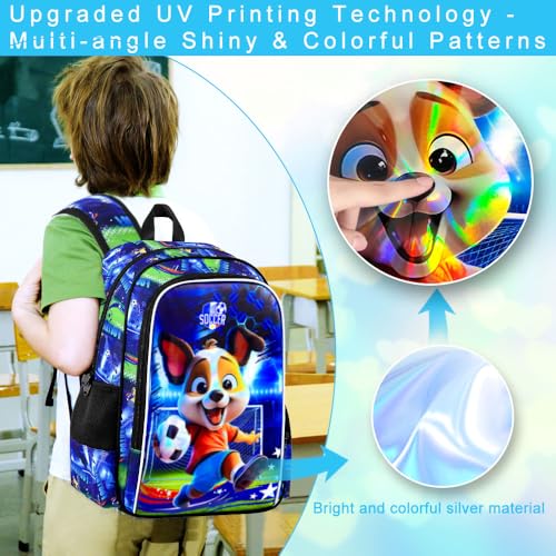 Image of 16 inch Dog Soccer Backpack Set for Boys 4-8, 3Pcs Kindergarten School Bag with Football Lunch Box & Pencil Case, Durable Bookbag (Blue)