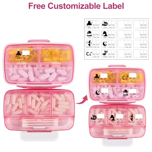 Image of Fullicon Medicine Pill Organizer with Labels, 8 Large Compartments, Travel Pill Organizer for Purse, Double Lids, Easy Open BPA-Free Case, Fish Oil, Vitamins, Capsules, Daily, Work Bag (Pink White)