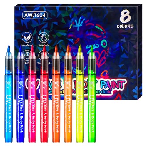 Rotuladores fluorescentes de 8 colores neón para la cara y el cuerpo, que brillan en la oscuridad bajo luz negra, pintura líquida a base de agua, para festival, fiesta, club, bodypainting