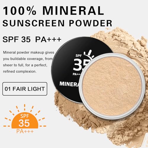 QIUFSSE Mineral Foundation Powder,SPF 35,Lightweight Mineral Sunscreen Powder for Face,Reduces Shine,Talc Free Foundation,0.35 oz,01 Fairly Light