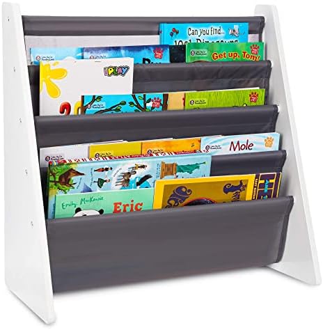 LIVIVO ® Childrens Colourful Sling Storage Bookshelf Easy Access Wooden Book Storage with Soft Nylon Fabric Shelves to Protect your Kids Books Perfect Height for your little reader (Grey)