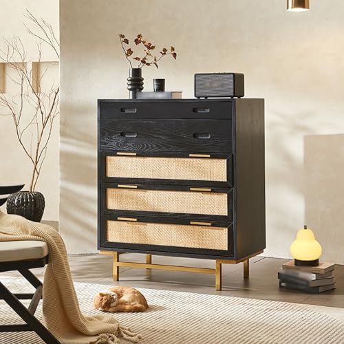 NZVCQVPU Modern Rattan Dresser Chest Freestanding Accent Storage Cabinet with Wide Drawers & Metal Handles Stylish Chest of Drawers for Bedroom & Living Room (Black) - Image 8