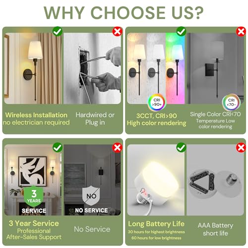 Image of L LOHAS LED Black Battery Operated Wall Sconce Set of 2, 24 Inch 15 Color Rechargeable Wireless Wall Sconces Easy to Install for Living Room