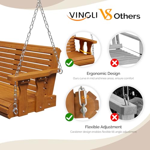 Image of VINGLI Upgraded Patio Wooden Porch Swing for Courtyard & Garden, Heavy Duty 880 LBS Swing Chair Bench with Hanging Chains for Outdoors (Brown, 5 FT)
