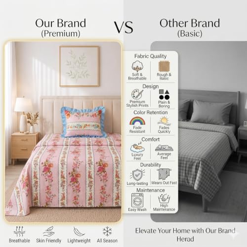 Image of BSB HOME 240 Tc Premium Single Bed Bedsheet, Soft Comfortable Bed Sheet with 2.5 Inches Frill Border, Stylish Printed Bedding for Bedroom, Elegant Bedsheet, 60 x 90 Inches - Mauve Pink