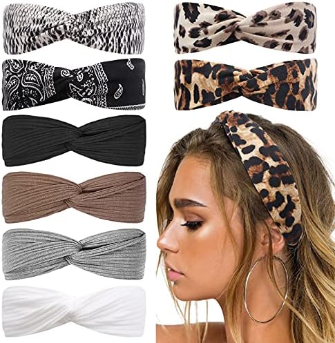 Huachi Fashion Headbands for Women Twist Knot Boho Leopard Print, Soft Elastic Hair Bands for Teen Girls Head Wrap Accessories, 8Pcs (Headbands Non Slip)