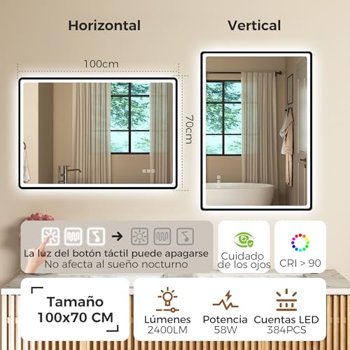 Miniatura 7 de Starlead 100x70cm Negro Espejo-Baño-Con-Luz Y Bluetooth, Antivaho, Regulable, 3 Colores Luz, Función Memoria, Ip44 Vidrio Templado Espejo-Led-Baño, Horizontal Vertical, Marco No Metálico