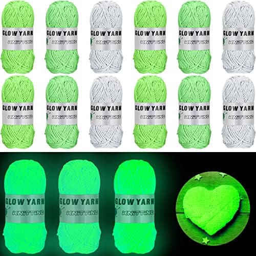 12 Rolls Glow in The Dark Yarn Luminous Knitting Crochet Yarn for Crocheting DIY Glow Fingering Weight Yarn for DIY Arts Crafts Sewing Glow in The Dark Party Supplies, 656 Yd Roll