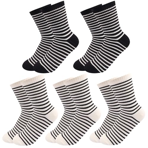 SailingTailor Retro White Black Striped Crew Socks Soft Combed Cotton Cute Casual Quarter Socks Athletic Sports Ribbed Novelty Strip Socks for Women Girls