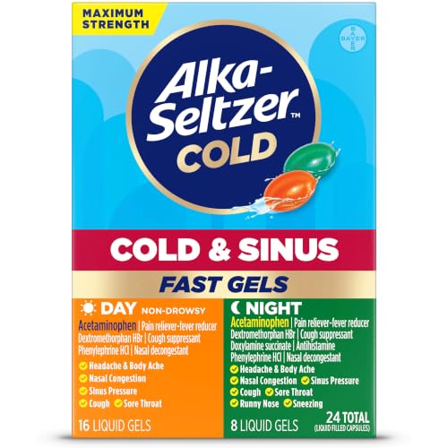 Alka-Seltzer Cold Cold & Sinus Max Strength Day/Night Fast Gels Medicine Multi-Symptom Relief Body Aches and Pains Sinus Pressure Congestion Relief 24 Count (Packaging May Vary)