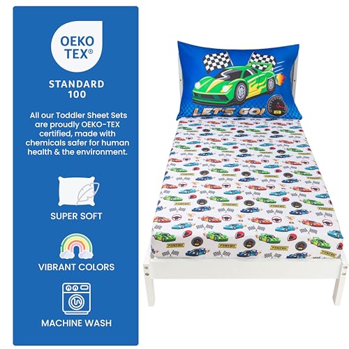 Image of Todays Kids 2-Piece Race Cars Bedding Toddler Sheet Set - Breathable 100% Soft Brushed Microfiber Polyester, Standard Size Crib Sheet Set - Gentle on Delicate Skin - Fitted Toddler Sheets & Pillowcase