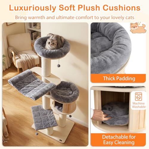 Image of Tangkula Modern Cat Tree, Multi-Level Large Cat Tower with Condo, Hammocks & Hanging Basket, Tall Cat Tree with Sisal Posts, Washable Cushions, Wood Cat Trees and Towers for Indoor Large Cats