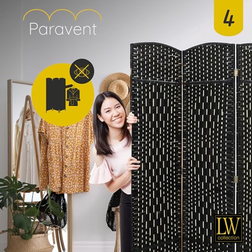 LW Collection Paravent Raumteiler Schwarz Rattan - Raumteiler 4 Paneele - Trennwand 170x160cm - Paravent Fertig