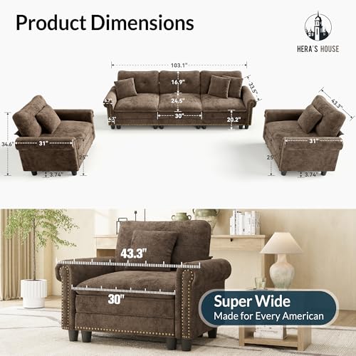 Image of HERA'S HOUSE Modular Sectional Sofa and Chair Set for Living Room 3-Piece | Mid-Century Modern 5-Seater Cloud Sofa Set, Grayish Brown, Rolled Arms & Nailhead Trim, Wider Seats, Chenille Furniture Set