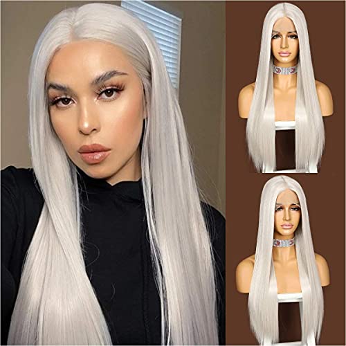 Sapphirewigs Peluca larga y lacia, color gris platino, para mujer, con encaje frontal, con parte media, peluca sintética japonesa, para fiestas, Navidad, 150 % de densidad, 66 cm