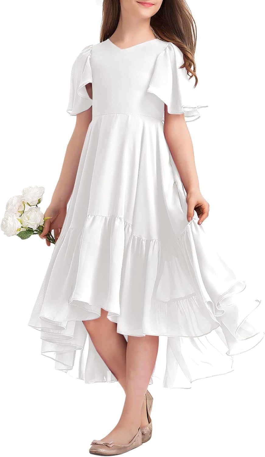 Haloumoning Robe d'été pour fille - Col en V - Robe à volants - Décontractée - Robe trapèze - Robe de soirée longue et élégante