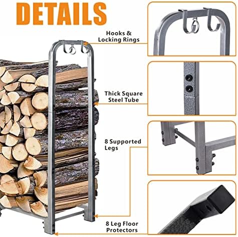 Yexati Metal Fire Wood Rack,Heavy Duty Firewood Storage Rack ,4Ft Log Holder, Outdoor Log Store,125X30.5X116Cm,Silver