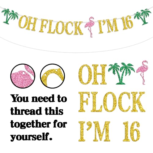 Image of Oh Flock I'm 16 Banner, Glitter Happy 16th Birthday Anniversary Party Decorations, Pineapple Party Decor, Hawaiian Luau Tropical Aloha 16 Theme Party Photo Props