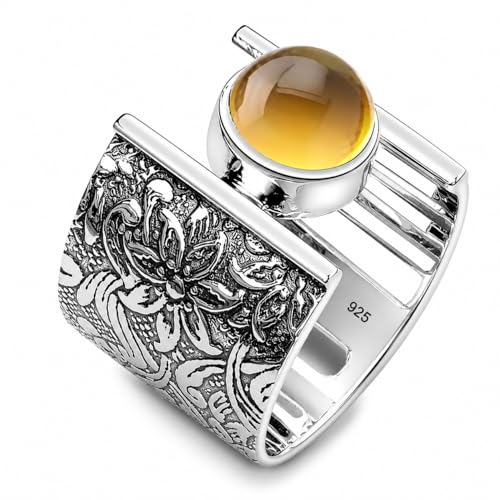 7MM Round Gemstone 925 Sterling Silver Gift Rings for Womens, Floral and Leaves Engraved Ring for Every Occasion