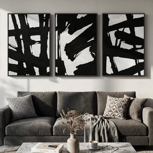 Large Framed Black and White Abstract Wall Art for Living Room, 3 Piece Modern Canvas Prints Paintings Artwork for Walls, Minimalist Brush Stroke Lines Pictures for Hallway Office Wall Decor 24x36 In