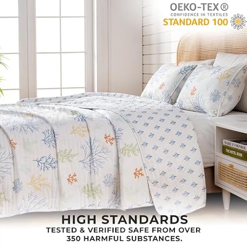 2-Piece Coral Coastal Reversible Twin Quilt Set With Sham. Beach Theme Bedding Coverlet, Soft, Microfiber - Maldives #TOP4