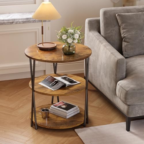 S Round Coffee Table Spacious Top For Couch Bedroom 3 Storage Shelves Accent Coffee Table, Rustic Brown