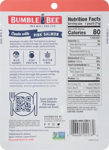 Image of Bumble Bee Skinless & Boneless Pink Salmon, 2.5 oz Pouch - Premium Wild Caught Salmon - 15g Protein per Serving, High in Omega-3s - MSC Certified Sustainable Seafood, Gluten Free, Kosher (Pack of 6)