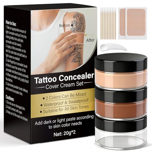 Tattoo Cover Up Cream, Invisible Tattoo Cover Up Makeup Waterproof with 2 Colors Concealer, Long-Lasting, Sweatproof, Instant, Suitable for Tattoos, Scars, Spots & Vitiligo