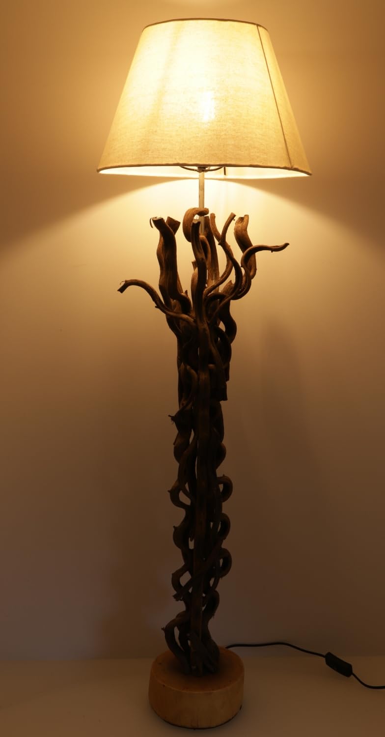 Guru-Shop Lámpara de Pie/lámpara de Pie, Hecha a Mano en Bali de Material Natural, Madera, Algodón - Modelo Jade 100, Maderaaladeriva, 100x32x32 cm, Lámparas de pie de Materiales Naturales