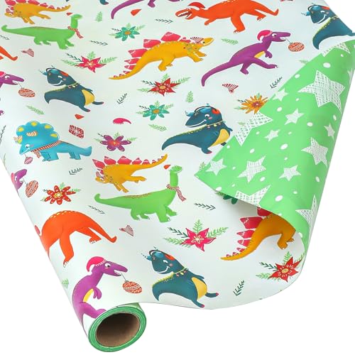 AUCLAY Dinosaur Christmas Wrapping Paper Roll for Kids Baby - Cute Dinosaurs with Xmas Decoration and Stars Design - Reversible Holiday Gift Wrap Paper, 17.7 Inch