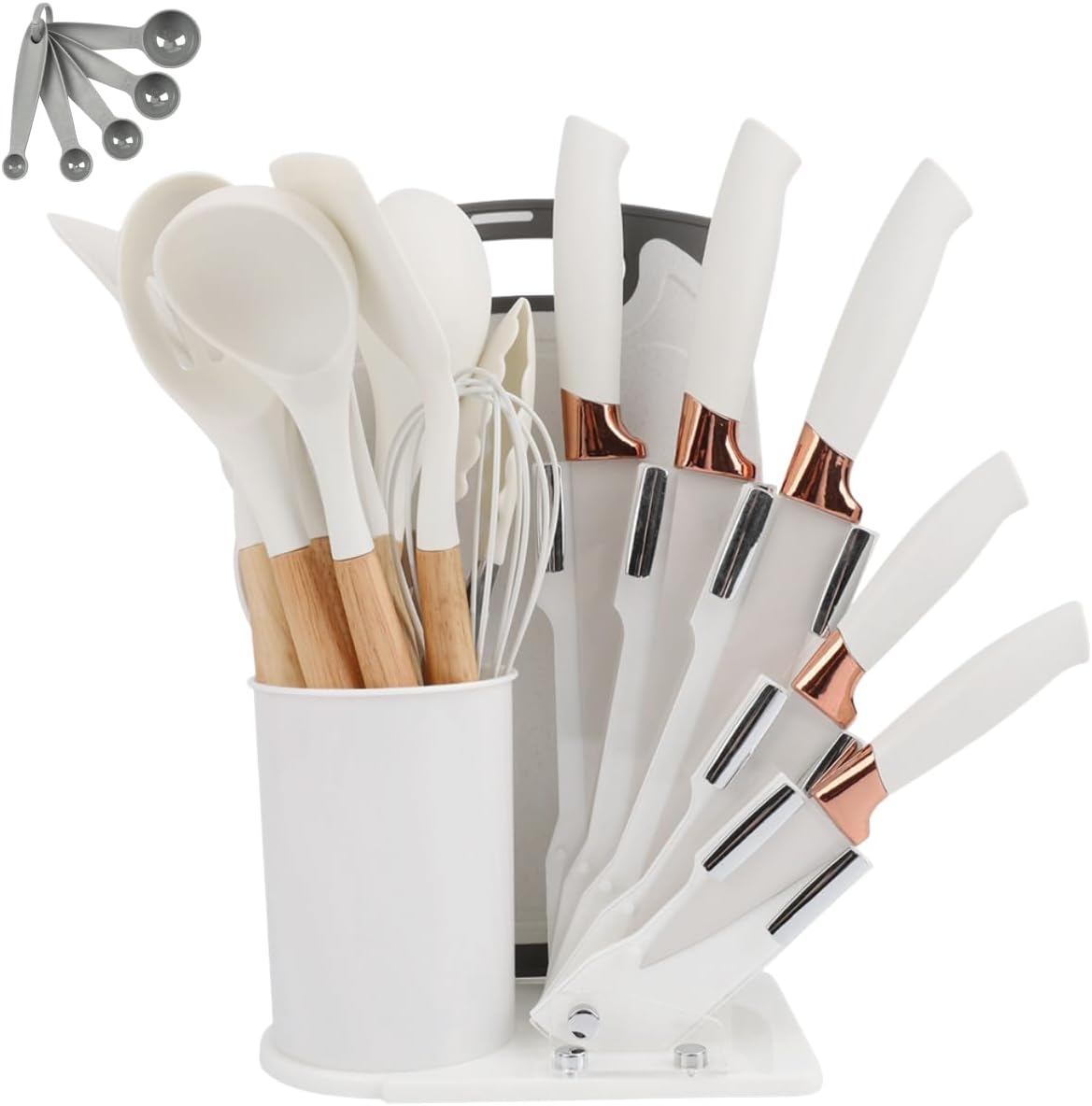 Kit 19 Utensílios De Cozinha Com Cabo De Madeira E Silicone (Branco)